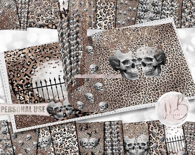 Glam Skulls and Leopard Scrapbook Paper Download • Gothic Safari Halloween Shimmering Foil Sparkling Glitter • Scrapbooking Printable