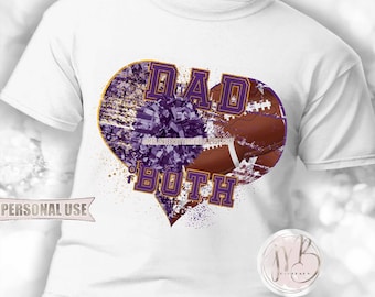 Purple Athletic Gold Dad of Both Heart T-Shirt Sublimation Design • Football Cheer Pom Poms Friday Night Sport Dad Gift • DIY Print & Press