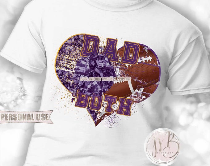 Purple Athletic Gold Dad of Both Heart T-Shirt Sublimation Download • Football Cheer Pom Poms Sports Dad Gift • DIY Print & Press