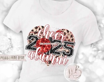 Red Cheer Alumni 2025 Heart T-Shirt Sublimation Design • Pom Pom Megaphone Classic Leopard Glitter Graduate Gift • DIY Print and Press