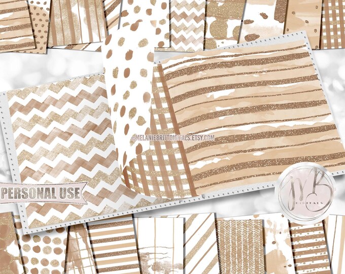 Glam Brown Watercolor Scrapbook Paper Download • Patterned Glitter Watercolor Paint Design • DIY Printable Paper Crafts 20 12x12 JPG & PDF