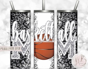 Silver Basketball Mom 20oz Skinny Tumbler Wrap Sublimation Download • Leopard Print Glitter Varsity Letters Mom Gift • DIY Print & Press