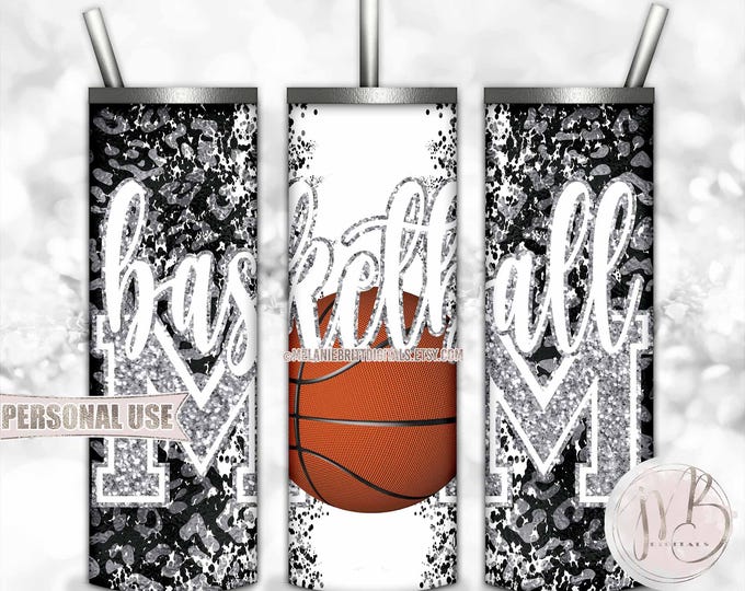 Silver Basketball Mom 20oz Skinny Tumbler Wrap Sublimation Download • Leopard Print Glitter Varsity Letters Mom Gift • DIY Print & Press
