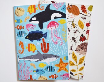 Nature Notebooks A5 Set of 2 - Recycled Plain Paper Journal, Nature Print, Ocean, Forest, Autumn Stationary, Animal Lovers Gift