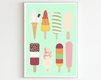 British Ice Creams  Poster A4/A3 - Ice Cream Wall Art, Summer Print, Ice Lollies, Modern Kitchen Decor, Food Print