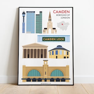 Camden London Print A4 - Travel Wall Art Print, Camden Print Gift, Camden Lock, British Museum, Highgate, King&#39;s Cross