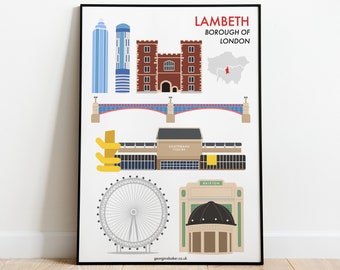 Lambeth Borough of London Poster A4 - Travel Wall Art, Lambeth Gift, Lambeth Print, Brixton, London Eye