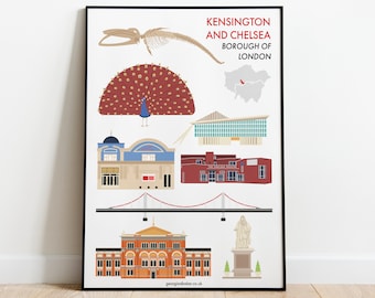 Kensington and Chelsea London Borough Print A4 - Travel Wall Art Print, Kensington Gift, Chelsea Print, History Museum, V&A, Design Museum