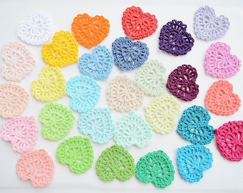 Crocheted hearts appliques, colorful Valentines day hearts, wedding decorations, nursery room  /set of 30//