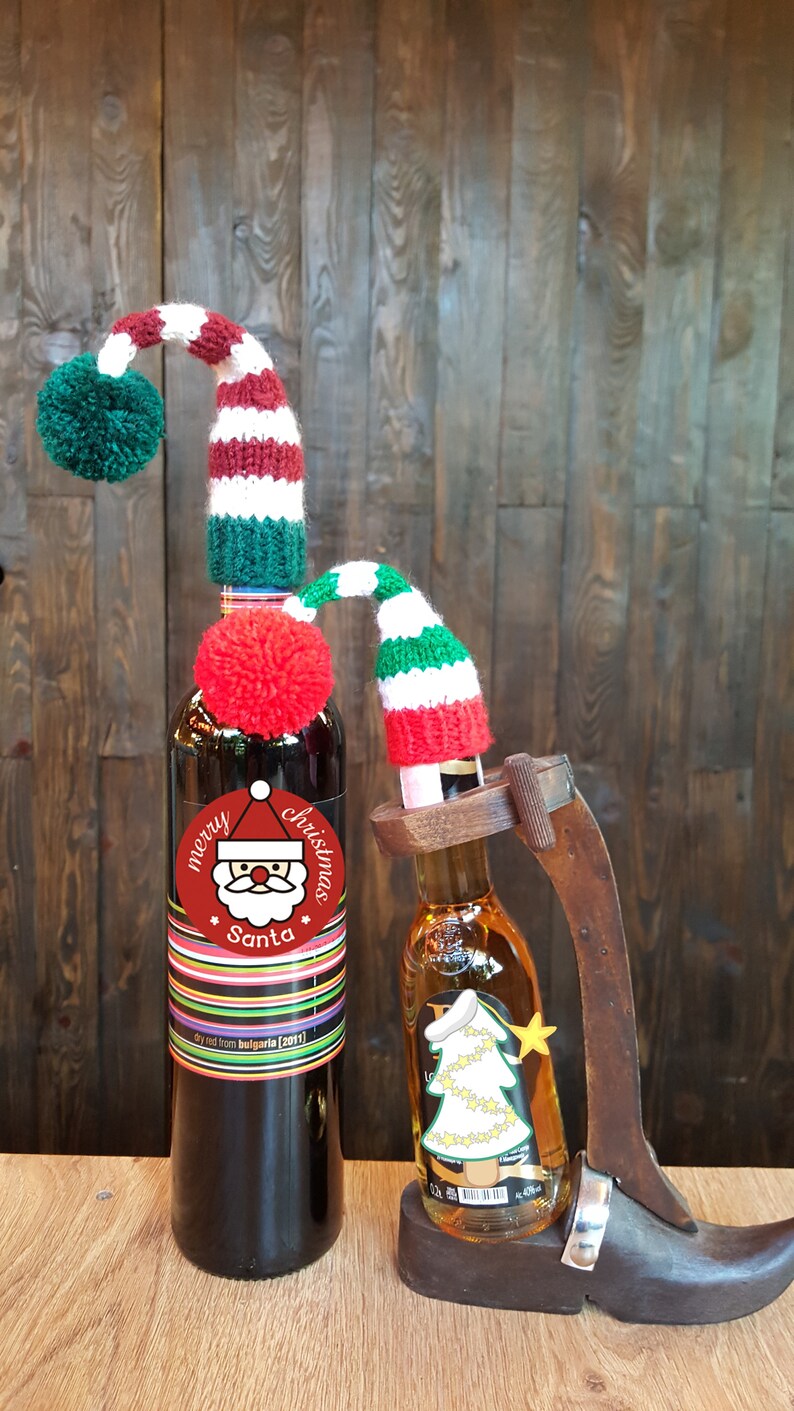 Santa Hats Wine Bottle Topper Set of 5, Red Green White, Knitted Wine