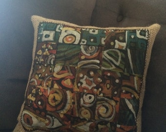 Woven Batik Pillow with Burlap Accents