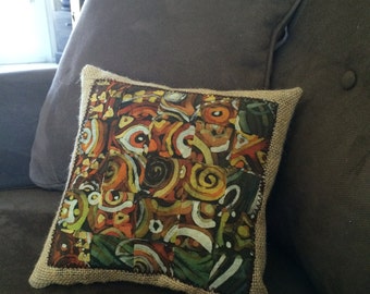 Woven Batik Pillow with Burlap Accents