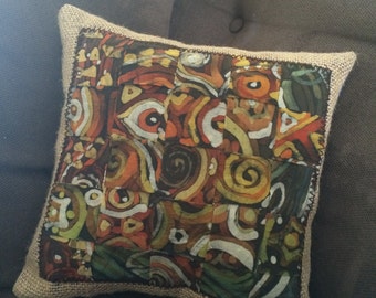Woven Batik Pillow with Burlap Accents