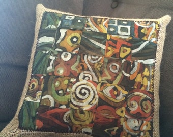 Woven Batik Pillow with Burlap Accents