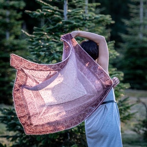 May include: A person wearing a light pink and brown shawl with a lacy pattern. The shawl is flowing in the wind and the person is standing in a forest.