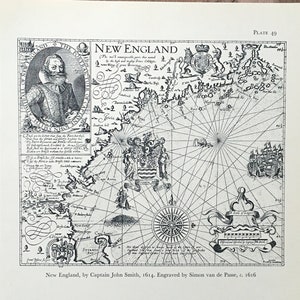 1965 vintage kaart illustratie, de nieuwe wereld, New England door kapitein John Smith, 1614, vintage kaart van de wereld, antieke wereldkaart, kaart afdrukken