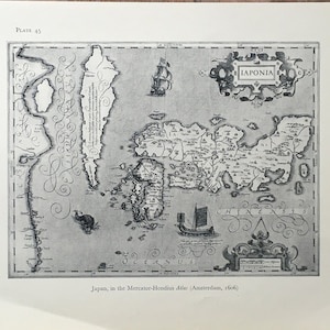 1965 vintage kaart illustratie, de nieuwe wereld, Japan, in de Mercator-Hondius Atlas, 1606, vintage wereldkaart, antieke wereldkaart, kaart afdrukken