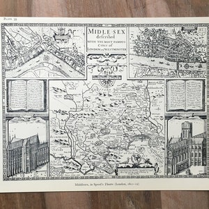 1965 vintage Map Illustration, The New World, Middlesex, in Speed’s Theatre, Londres 1611-12, carte du monde vintage, carte du monde antique, impression de carte