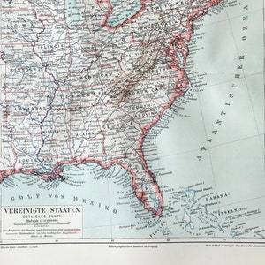 1895 originele antieke lithografie met kaart van de Verenigde Staten van Amerika, vintage print