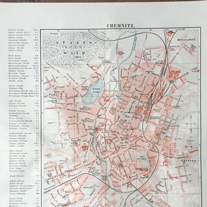 1895 Original Antique Lithograph with Chemnitz Map, Vintage Print