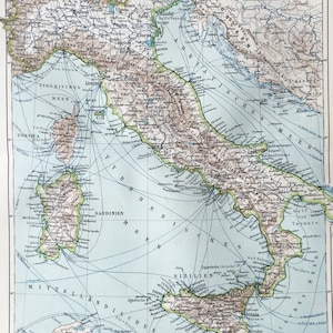 1895 Original antike Landkarte Lithographie, Italien-Kartendruck, Vintage-Kartendruck, Vintage-Geografie, antiker Geografiedruck, detaillierte Gebietskarte