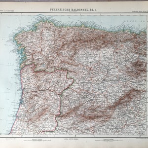 1906 Grandes montagnes des Pyrénées, carte de la péninsule ibérique, imprimé original antique