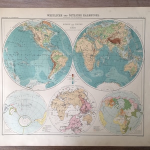 1906 Mapa antiguo del hemisferio occidental y oriental, mapa auténtico del Viejo Mundo, mapa histórico
