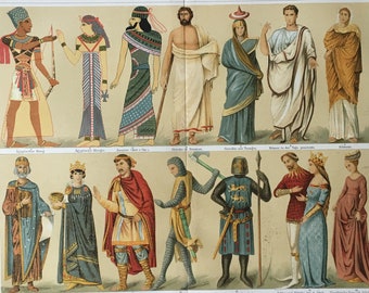 124 yrs old fine print Catalan Folk Dresses Tirolian Hungarian 1897 NATIONAL COSTUMES Antique Lithograph Traditional Garments Spanish