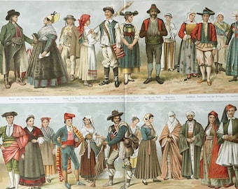 124 yrs old fine print Catalan Folk Dresses Tirolian Hungarian 1897 NATIONAL COSTUMES Antique Lithograph Traditional Garments Spanish