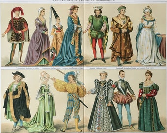 124 yrs old fine print Catalan Folk Dresses Tirolian Hungarian 1897 NATIONAL COSTUMES Antique Lithograph Traditional Garments Spanish