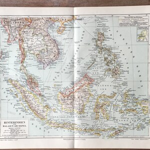 1895 originele antieke kaart lithografie, Maleisische archipel afdrukken, geschiedeniskaart, vintage kaart afdrukken, antieke geografie, antieke gedetailleerde gebiedskaart