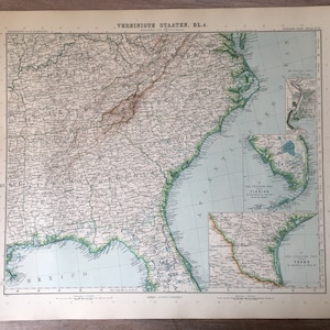 1906 Vintage Original Engraved United States Map with Kentucky, Tennessee, Alabama, Georgia, Virginia, North and South Carolina