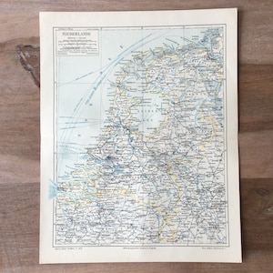 1895 Lithographie antique originale avec carte des Pays-Bas, impression vintage