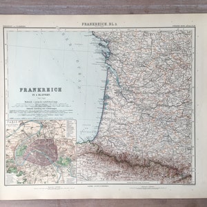 1906 Grande mappa della Francia, stampa originale antica, mappa incisa, mappa dettagliata dell'area storica, mappa decorativa, stampa atlante antica