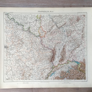 1906 Grande mappa della Francia, stampa originale antica, mappa incisa, mappa dettagliata dell'area storica, mappa decorativa, stampa atlante antica