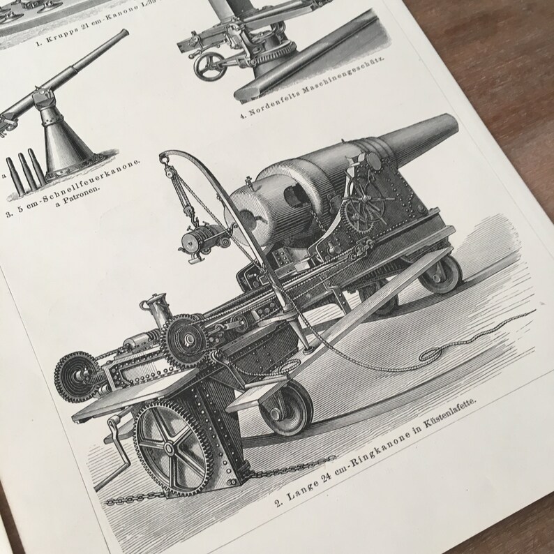 Cannon Print Howitzer Print Guns Print 1895 Original Antique Lithograph Print set of 2 vintage print steampunk print