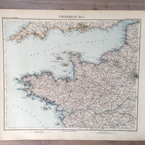 Grande carte de France de 1906, Gravure originale ancienne, Carte gravée, Carte historique détaillée, Carte décorative, Atlas antique