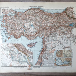1906 Grande mappa dell'Asia Minore e della Siria, stampa originale antica, mappa incisa, mappa dettagliata dell'area storica, mappa decorativa, stampa atlante antica