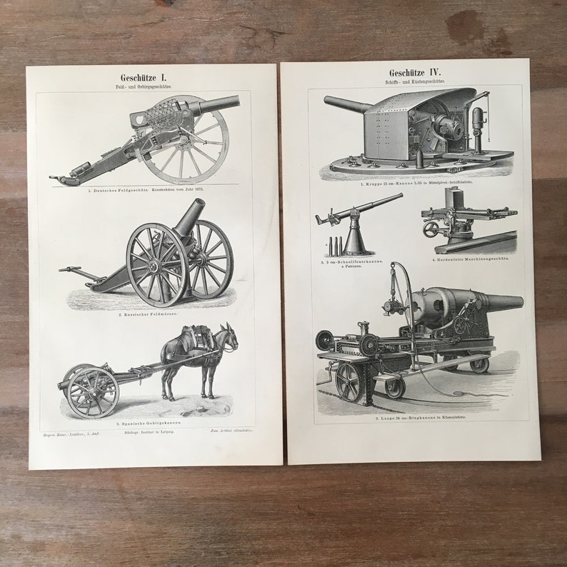 Cannon Print Howitzer Print Guns Print 1895 Original Antique Lithograph Print set of 2 vintage print steampunk print