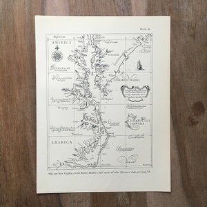 1965 Vintage Map Illustration, The New World, Old and New Virginia, Arcano del Mare, 1646 Vintage kaart van de wereld, Antieke wereldkaart en Kaart afdrukken