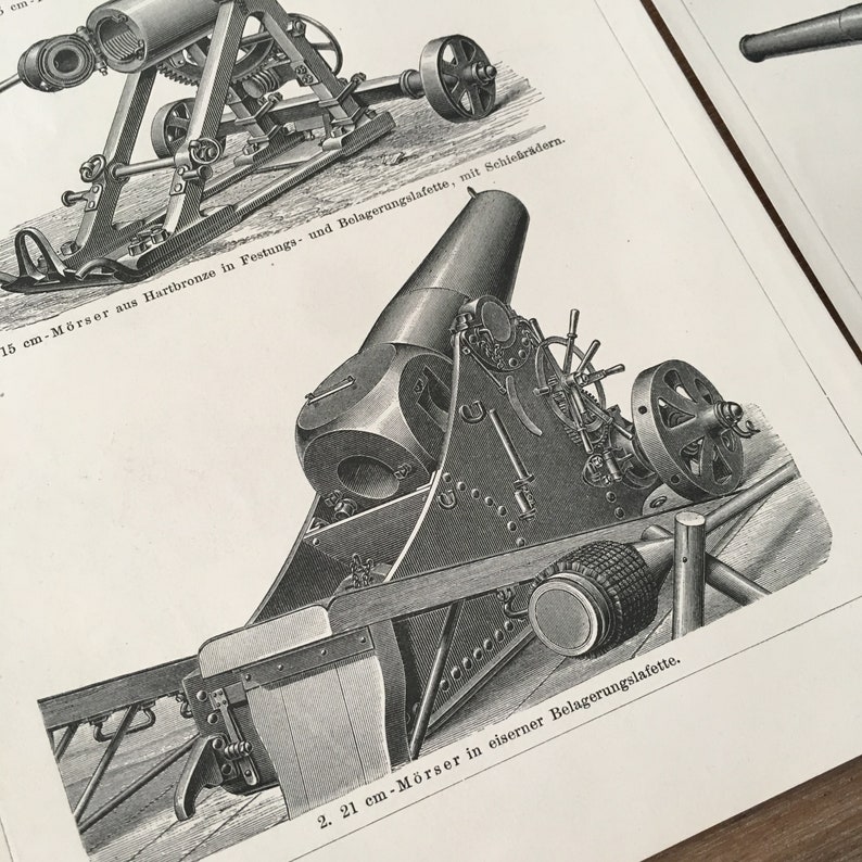 Cannon Print Howitzer Print Guns Print 1895 Original Antique Lithograph Print set of 2 vintage print steampunk print