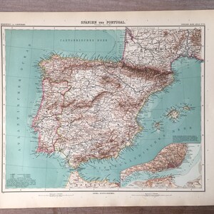 1906 Mappa antica della Spagna e del Portogallo, mappa autentica della Vecchia Europa, mappa storica della Spagna
