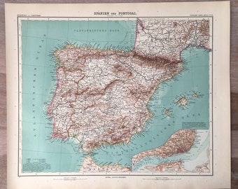 Puede incluir: Un mapa vintage de España y Portugal, que muestra las fronteras de los países, las principales ciudades y las características geográficas. El mapa está impreso en tinta marrón, negra y roja sobre un fondo blanco. El título "Spanien und Portugal" está impreso en la parte superior del mapa.