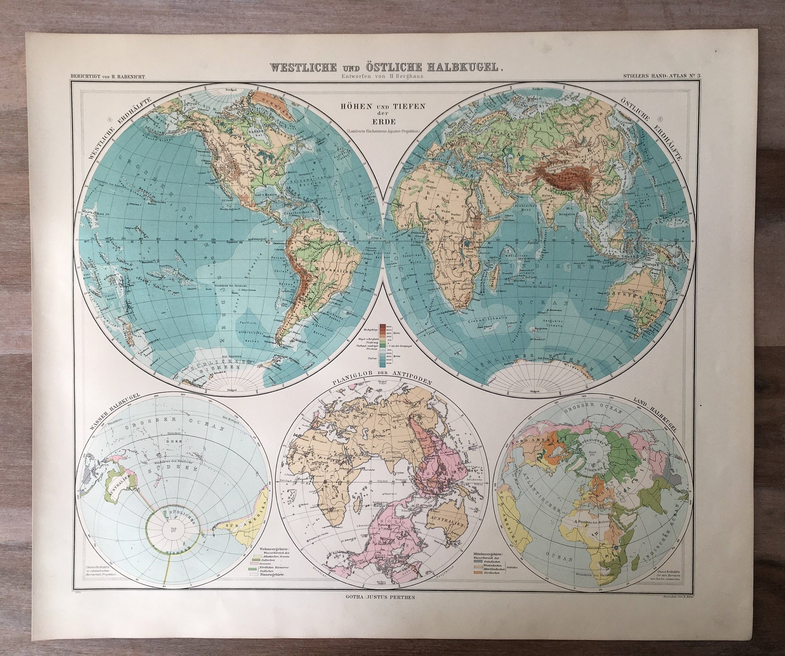 1906 年の西半球と東半球のアンティーク地図、旧世界の本物の地図