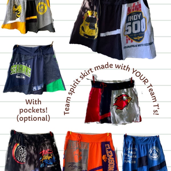 Superfan Skirt made with YOUR Favorite Team T-shirts! A-Line Skirt, any size Custom Upcycled t-shirt skirt with pockets!