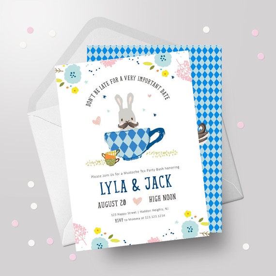 Tea Party Invitation - Tea Party Baby Shower - Twin Birthday Party - Mustache Party - Mad Hatter Party - Bunny Party - Easter Party - 5x7 Il_570xn