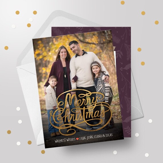Merry Christmas - Holiday Family Photo Card - Family Photo Christmas Card - Merry Christmas 2017 - Happy Holidays - Printable - Gold & Plum Il_570xn