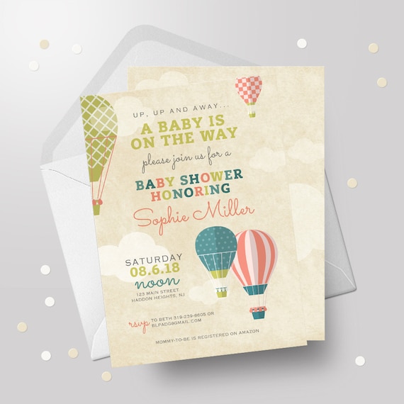 Hot Air Balloon Baby Shower Invitation - Up Up and Away Baby Shower Invitation - Gender Neutral Shower Invite - Printable Invitation - 5x7 Il_570xn