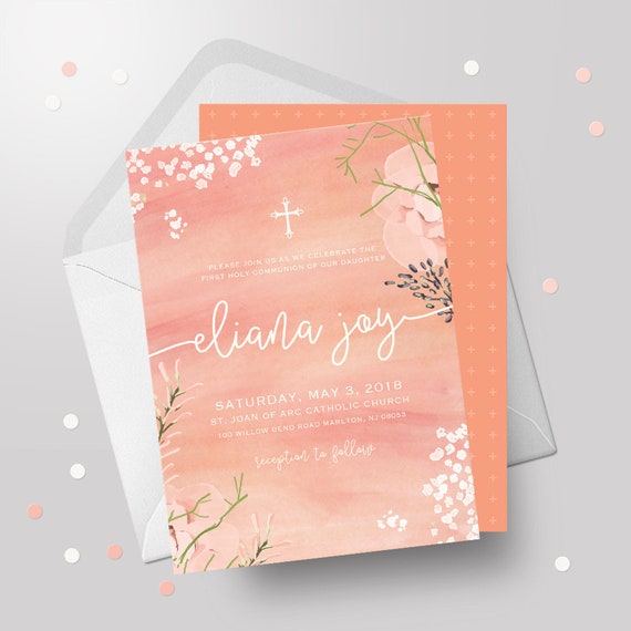 Religious GIRL Invitation - Baptism - First Holy Communion - Confirmation - Watercolor Religious Invitation - Printable File - 5x7 - Peach Il_570xn