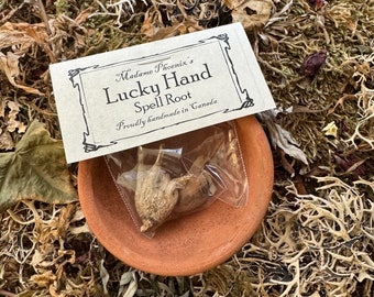 May include: A small brown clay dish with a clear plastic bag containing a dried root. The bag has a label that reads "Madame Phoenix's Lucky Hand Spell Root Proudly handmade in Canada."
